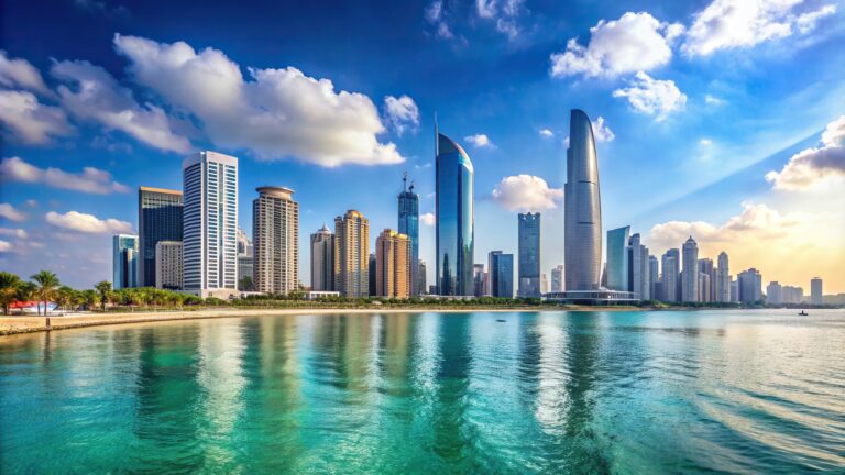 Downtown Abu Dhabi shining under the sun with the backdrop of the sea and towering skyscrapers representing a sunny summer in the UAE, high-rise, summer, skyline, buildings, tourism, vibrant